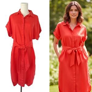 Lauren Ralph Laruen Linen Midi Shirt Dress Size 8 Poppy Red Short Sleeve